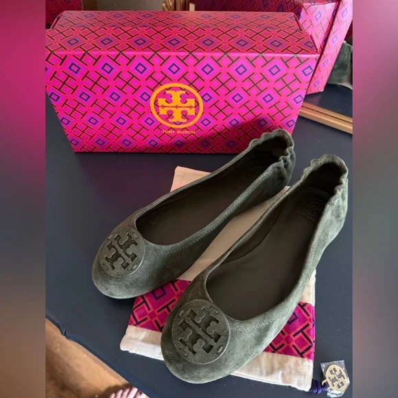 Tory Burch Minnie Travel Suede Green Flats - Picture 1 of 8